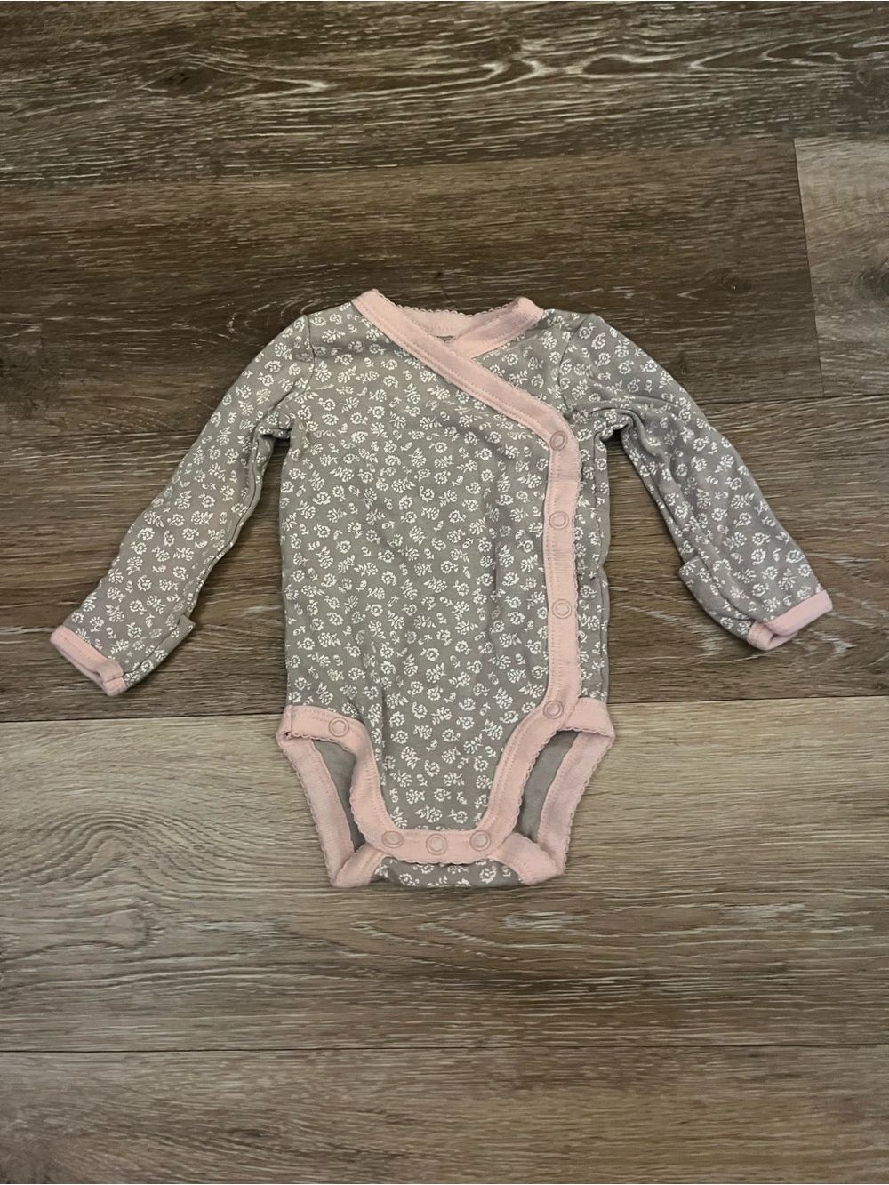 Carter's Gray Floral Long-Sleeve One-Piece with Pink Trim